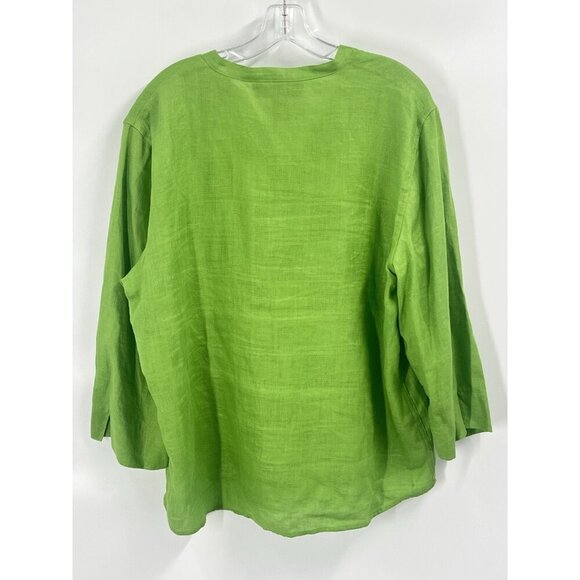 Sag Harbor Green Linen Button Up Shirt 3/4 Sleeve Sz Large Lagonlook Classic - Picture 5 of 5